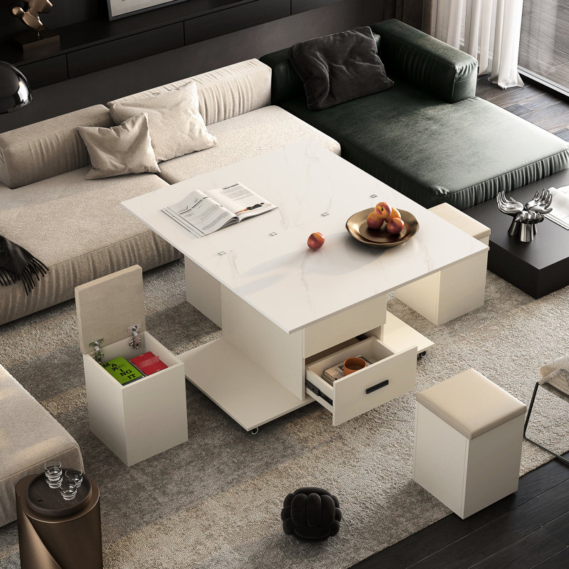 Table basse peu encombrante avec 4 tabourets - Table de salle à manger pliante de salon, rangement caché et 2 tiroirs modernes Flair jaune extensible et tiroirs, style gracieux