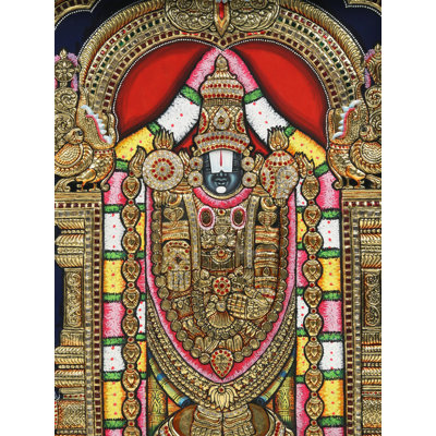 Lord Tirupati Balaji (Venkateshvara) avec la déesse Gajalakshmi | Peinture embossée de Tanjore