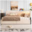 Structure de lit double tapissier avec tête de lit double, 2 tiroirs de rangement, lumière DEL et chargement USB, beige