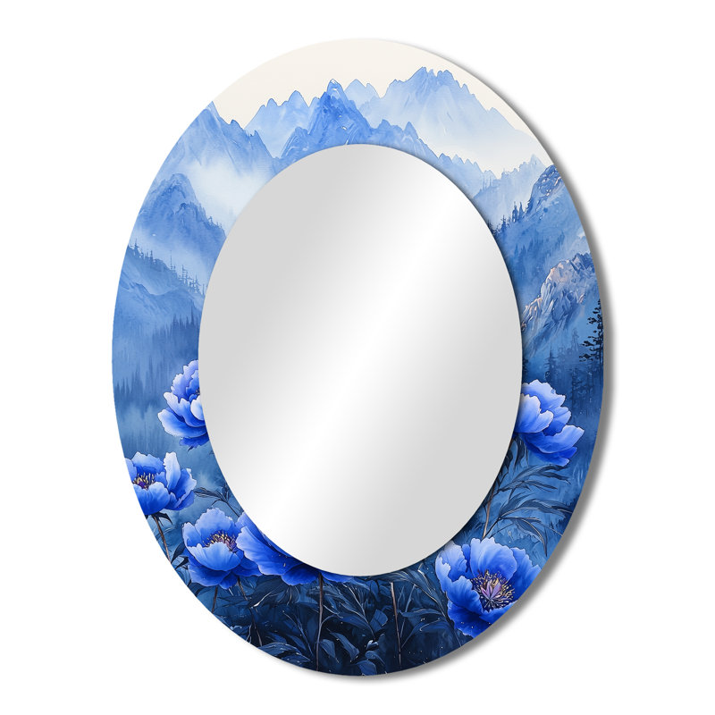 Pivoines bleues sur un sommet de montagne I - miroir mural ovale traditionnel, 43 po x 33 po