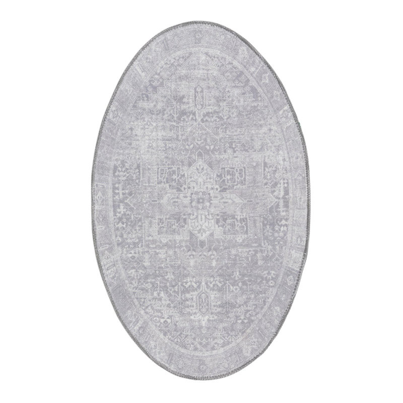 Tapis gris abstrait en chenille tissée à la machine, Ovale 2 pi x 3 pi 1 po