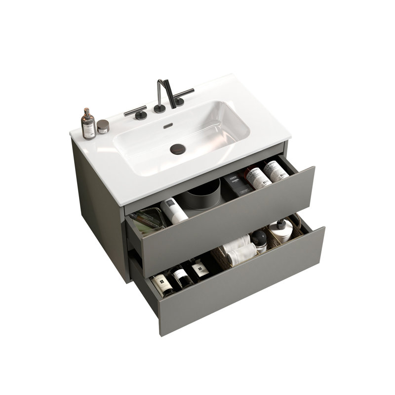 Meuble-lavabo mural de 30 po avec lavabo en céramique et trois trous de robinet, grand meuble-lavabo flottant avec rangement pour salle de bain moderne, KD