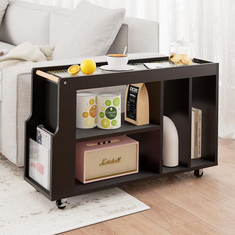 Black Wood Narrow Side Table with Fluted Glass Top and Wheels
