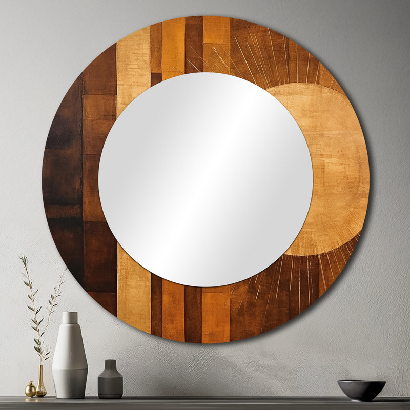 Bronze Brilliance Symetry III - Abstract Shapes Mirror, Modern Round Decorative Wall Mirror, Printed Metal Art, 36" x 36"