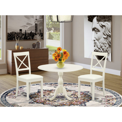 L'ensemble de table de salle à manger 3 pièces pour petits espaces comprend une table de salle à manger ronde avec Dropleaf et 2 chaises rembourrées en tissu de lin, 42 x 42 pouces, blanc lin