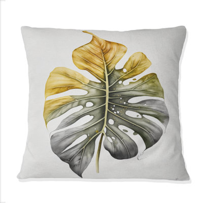 Coussin décoratif jaune et gris à motif de feuilles de philodendron I