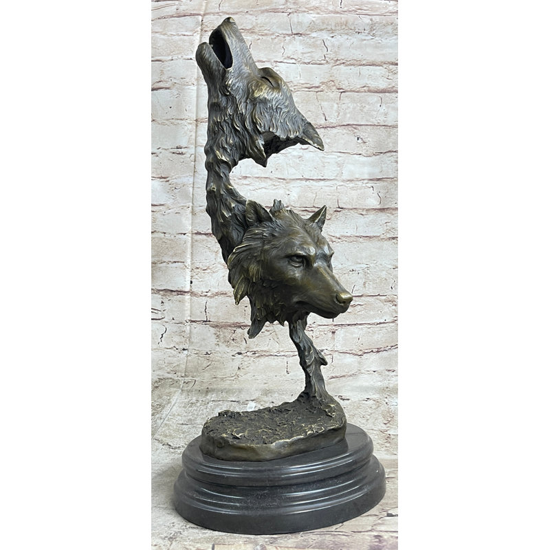 Grand buste de tête de loup aux deux loups, sculpture classique en bronze, sculpture en bronze