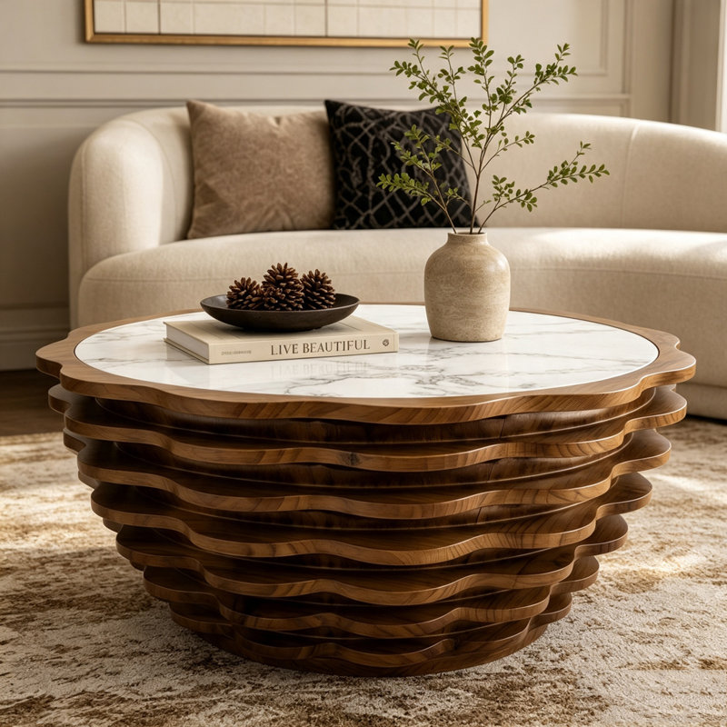 Table basse ronde à motif floral