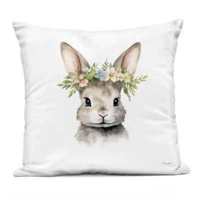 Woodland Rabbit Flower Crown Outdoor Printed Pillow, design by Roozbeh, 18 x 7 x 18