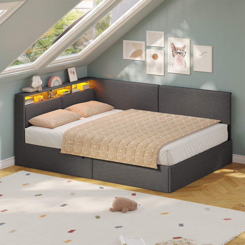 Upholstered Daybed with Charging Station & Hydraulic Storage, Corner Bed with LED Headboard, Double (4'6), Dark Gray