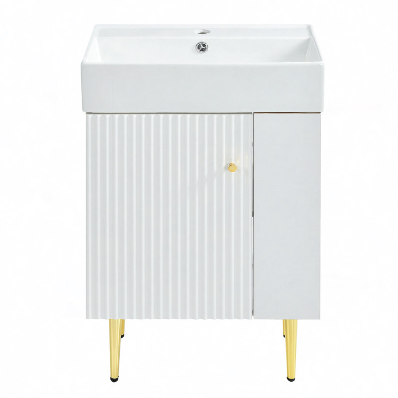 Meuble-lavabo 21,6 po, armoire combinée, meuble de rangement pour salle de bain, lavabo simple en céramique, rangement, Blanc