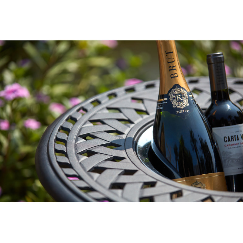 Lashone 5-Piece Cast Aluminum Patio Conversation Set, 24'' Round Ice Bucket End Table & Cushions