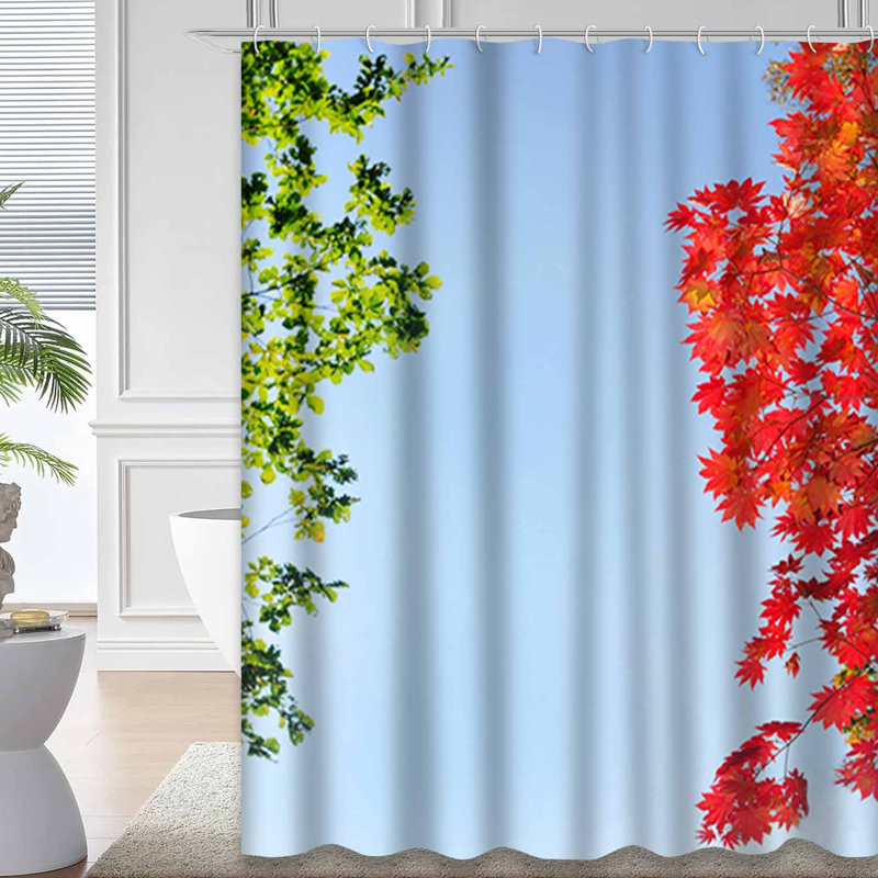 Rideau de douche forêt d'automne avec feuilles d'érable rouges et feuilles bleues abstraites avec 12 crochets