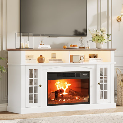 Meuble télé 70 po avec lumières DEL, centre de divertissement de style campagne moderne avec armoires à portes en verre, tablettes réglables