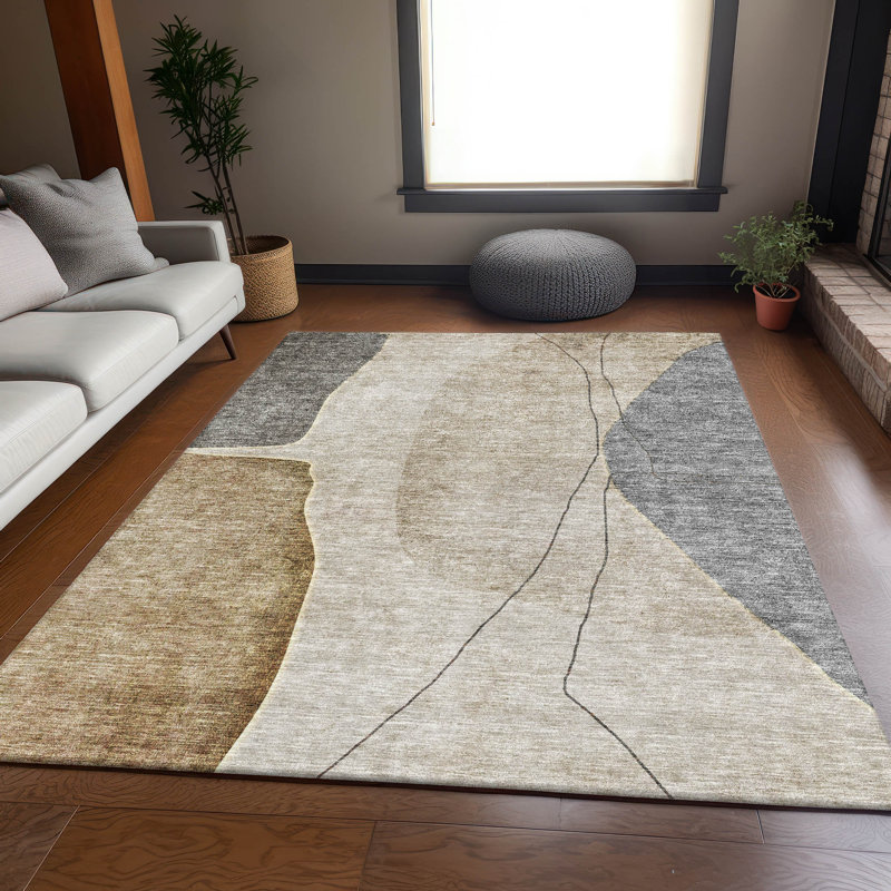 Tapis taupe Prisco lavable à la machine de qualité supérieure, Rectangulaire 8 pi x 10 pi