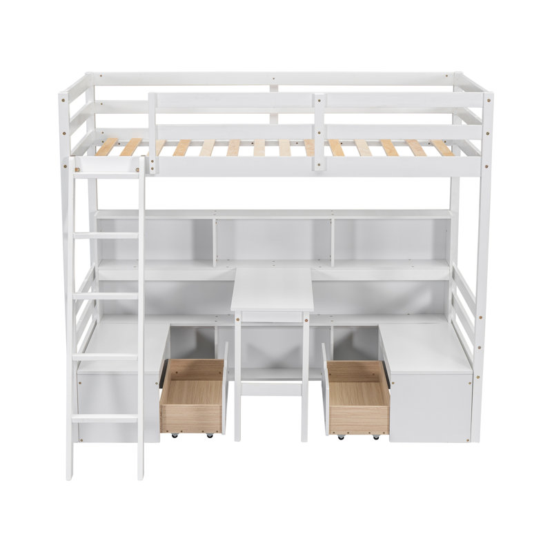 Loft Bed With Storage Shelves, Bed Frame Drawers And Desk, White