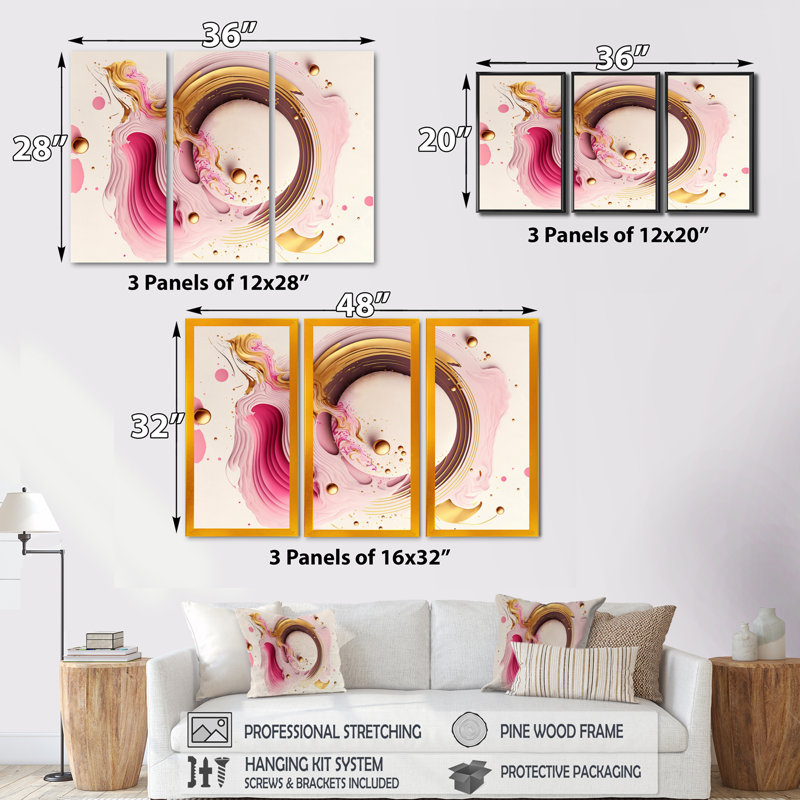 «Pink Watercolor Circular Abstract III», ensemble d'art mural moderne sur toile, Cadre noir, H 28 po x l 36 po x P 1 po