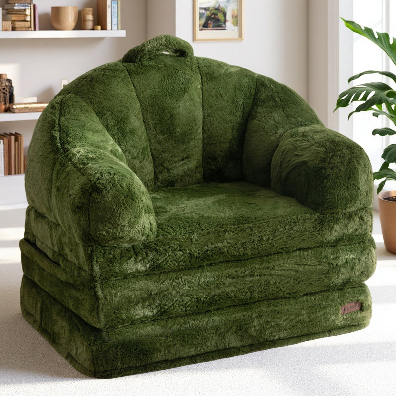 Fauteuil à billes convertible 2 en 1, Imitation fourrure verte
