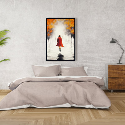 Woman With A Red Coat By Fall Print On Canvas