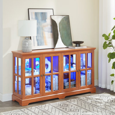 Four - Door Glass Showcase With Adjustable Shelves, Acrylic Back Panel, And 7 Color Led Strip For Home Collectibles Antique Display Case Back, Lighting, Smooth Tabletop Decor