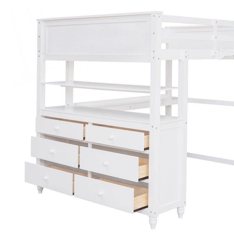 Lit mezzanine double en bois avec tiroirs, Blanc