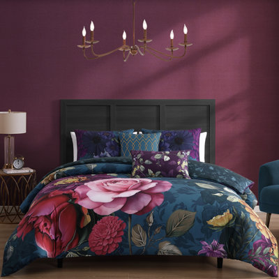 Ensemble d'édredon réversible 100% satin de coton Bebejan Vibrant Flora 5 pièces