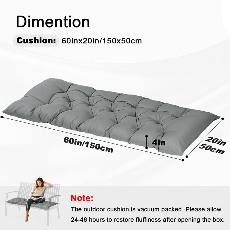 Outdoor Bench Cushion 60x20in, Waterproof Thicken Patio Seat Pad with Ties, Replacement Cushion for Porch Swing, Garden Bench, Indoor/Outdoor Use