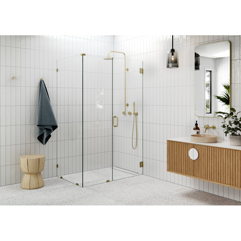 46" W Pivot Frameless Shower Door, Satin Brass