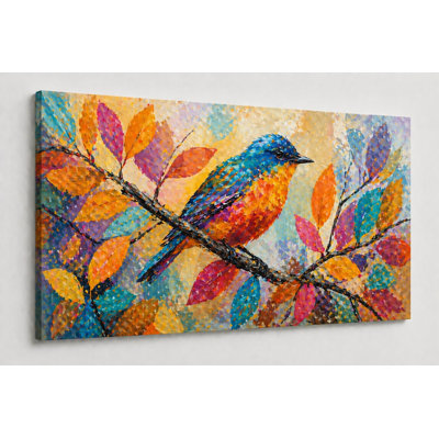 Grand oiseau coloré sur branche, art mural sur toile abstraite de 24 po x 36 po, art animalier moderne, décoration lumineuse pour salon, chambre à coucher - prêt à être accroché