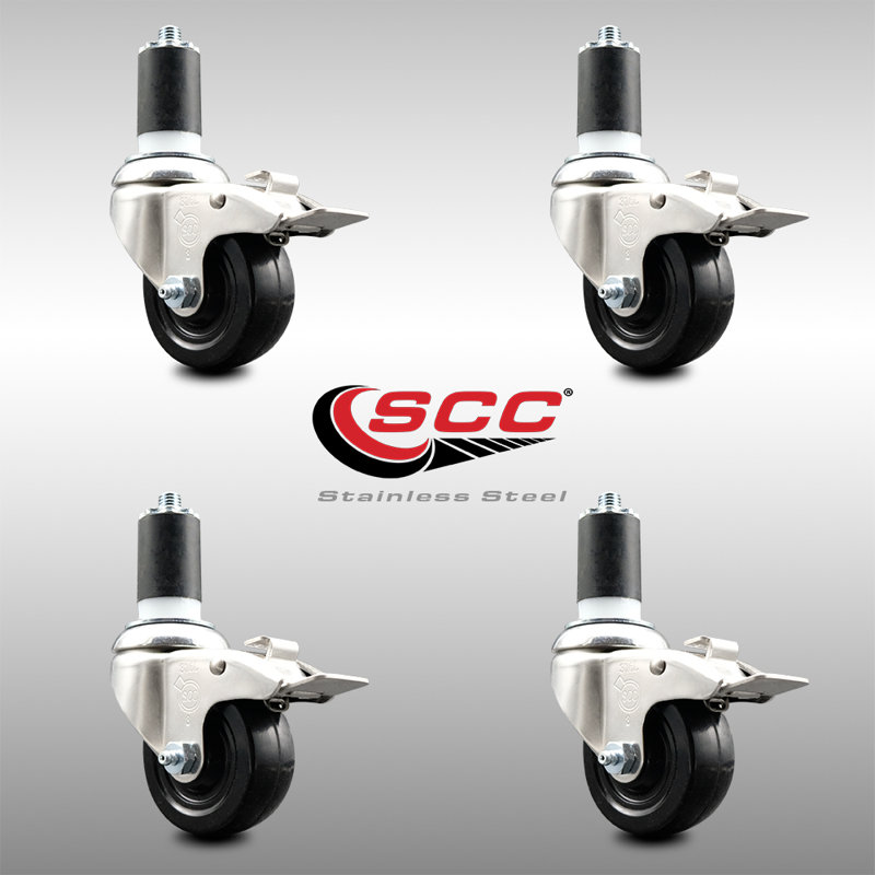 Soft Rubber Swivel Expanding Stem Caster Set 4 Lock Brake, 3.5" H x 3.5" W