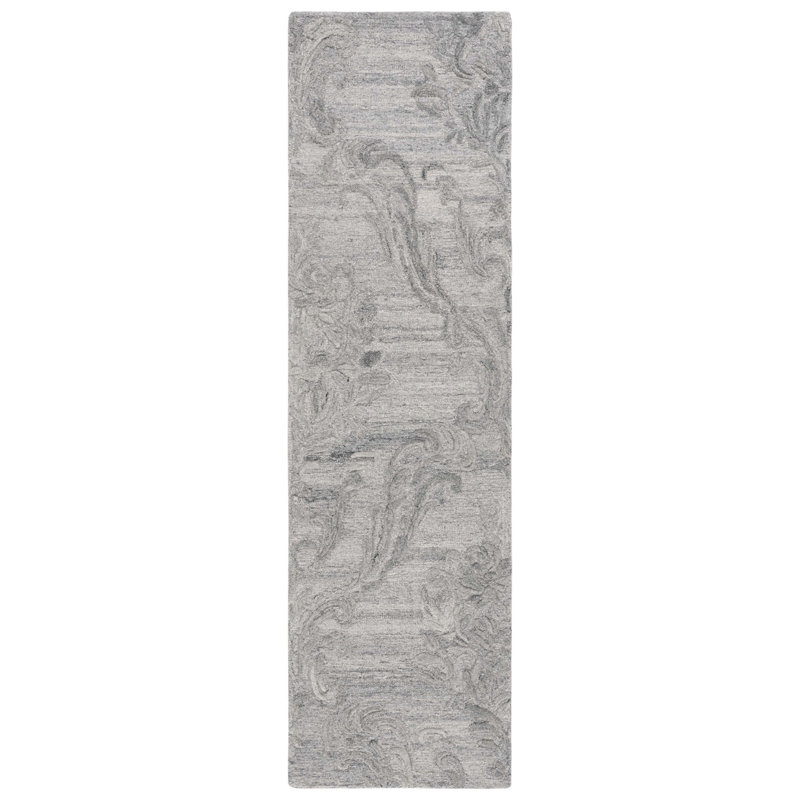 Tapis floral gris en laine / coton touffeté à la main Floral, Tapis de couloir 2 pi 3 po x 8 pi