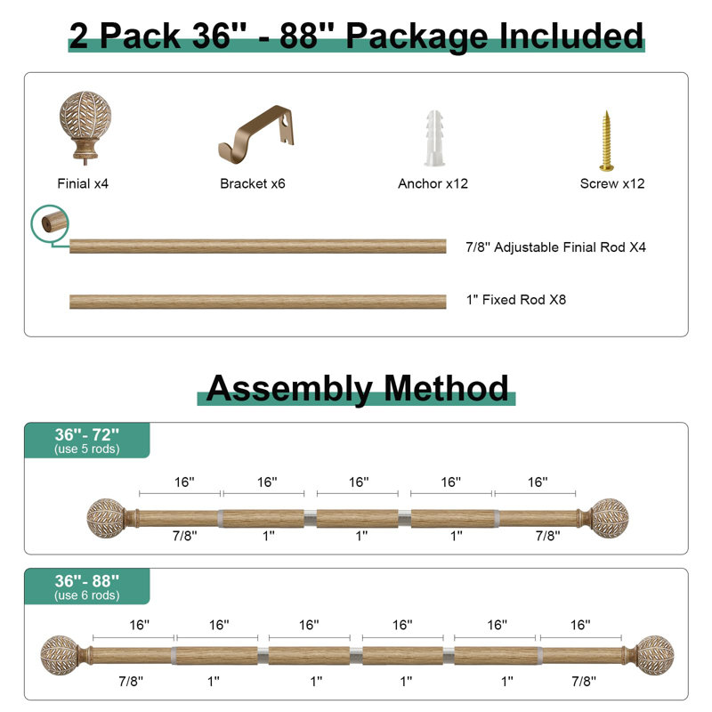 Paquet de 2 tringles à rideaux en bois pour fenêtres de 48 à 84 po, tringles à rideaux de 1 po de diamètre avec faîteaux imitation bois, ensemble de tringles à rideaux robustes réglables Boho, 36 à 88 po, bois patiné