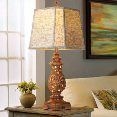 Ensemble de 2 lampes de table de ferme de 29 po, 2 lampes de chevet avec ports USB A + C et veilleuse pour le salon de la chambre à coucher, grain de bois (ampoules DEL incluses)