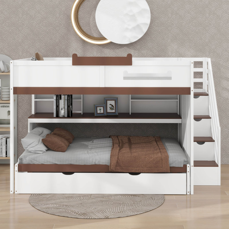 Full Over Full Bunk Bed With Trundle And Stairs, Wooden Stairway Bunk Bed With Storage Shelves And LED, White