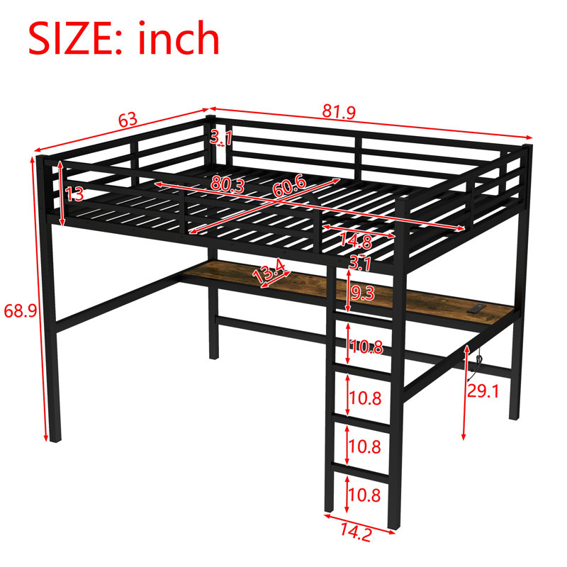 Metal Queen Size Loft Bed with Power Outlet and LED Lighted, Space-Saving, Noise Reduced, Black