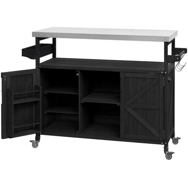 Modern Outdoor Cooking Table - Stainless Steel & Lockable Wheels Modular Barbeque Removable Parts Gas Hole Feature, Black