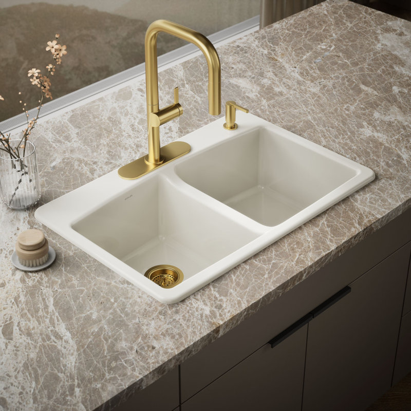 33" L x 22" W x 9-5/8" Top-Mount Double-Equal Kitchen Sink, Sandbar, 3 Hole