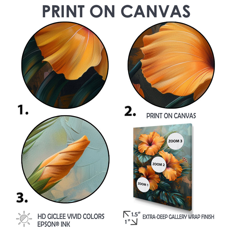 Décoration murale orange, vert et vibrant - Hibiscus, H 24 po x l 32 po, Cadre flottant doré