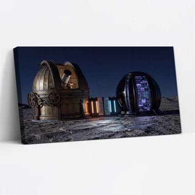 Art mural sur toile Steampunk Telescope and Neon Sphere on Lunar Surface