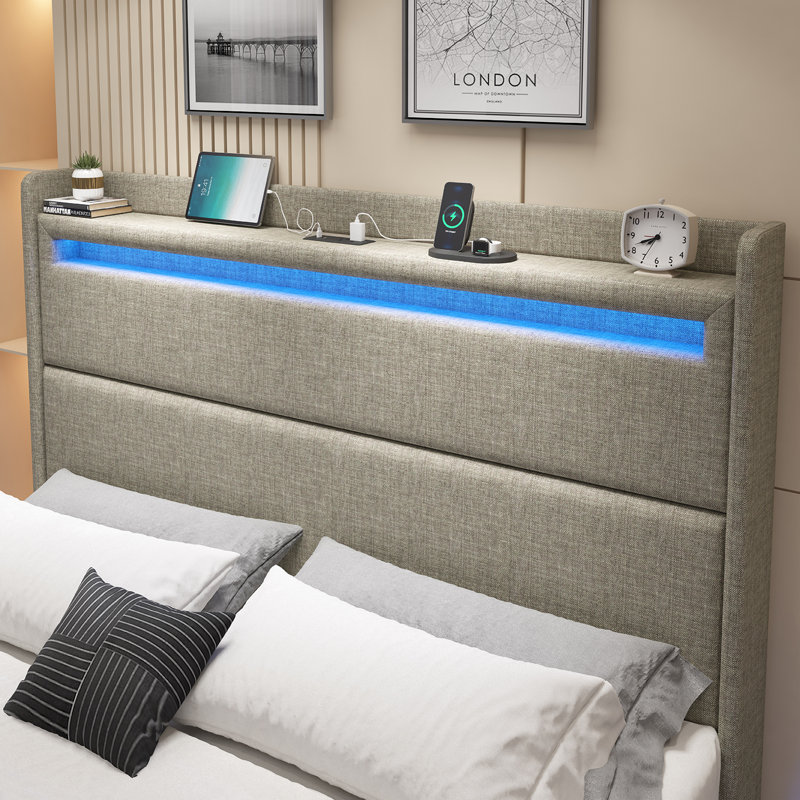 Cadre de lit flottant avec lumières DEL, lit plateforme tapissier, Double, Kaki