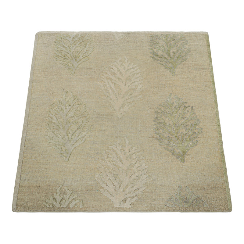 Rug & Kilim’S Block Print Square Rug With Beige And Green Floral Patterns, Rectangle 8' x 10'