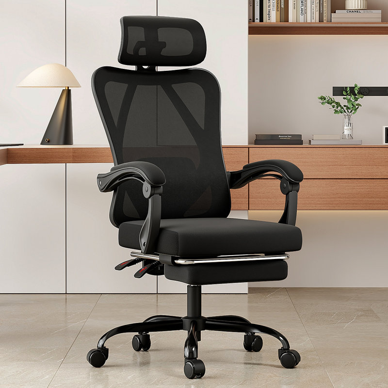 Ergonomic Office Chair With Footrest, Mesh Office Desk Chair With Headrest, High Back Computer Chair With Adjustable Lumbar Support For Home Office Study Room Bedroom, Black