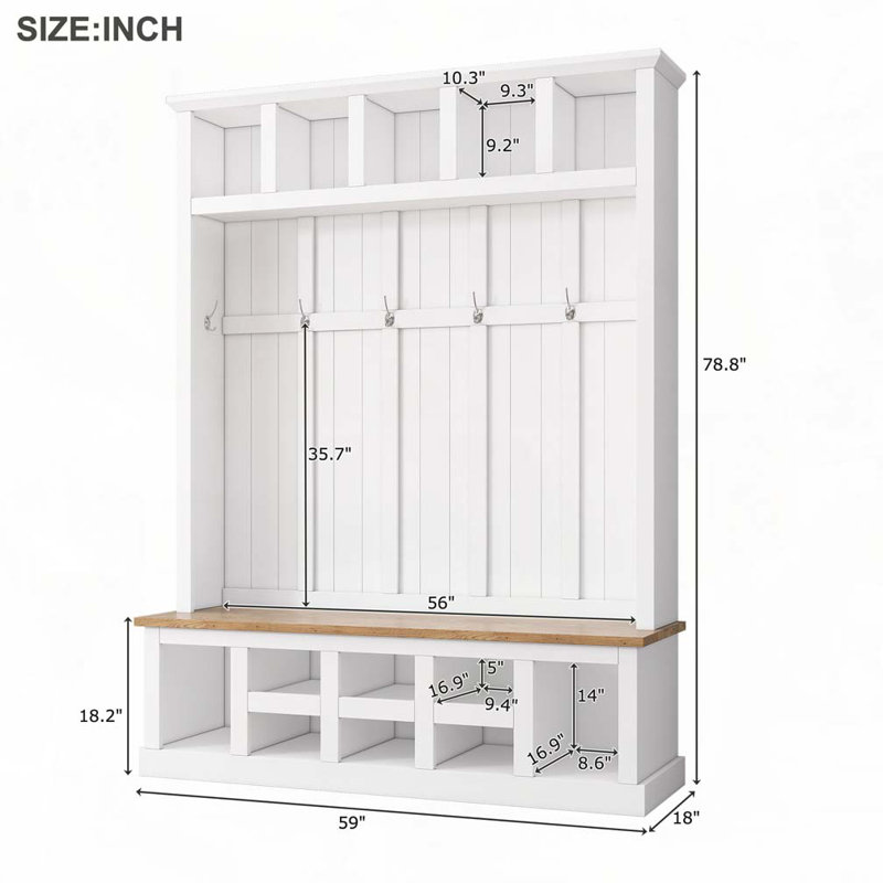 Arbre d'entrée 78 po avec banc de rangement large et armoire à chaussures avec 13 compartiments, Blanc