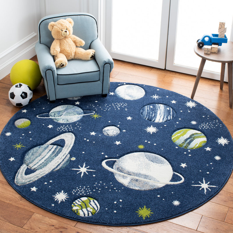 Hilger Navy/Ivory/Green Area Rug, Round 8'