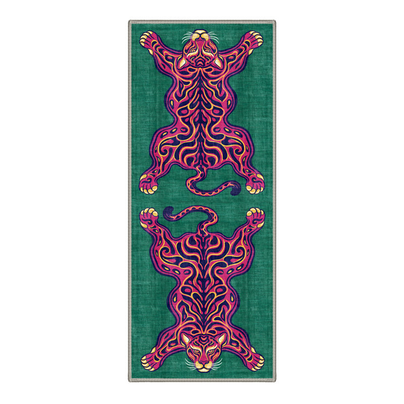 Stylized Tiger Collection Abstract Machine Washable Green / Pink / Blue Indoor Area Rug with Non-Slip Backing, Runner 2' x 7'