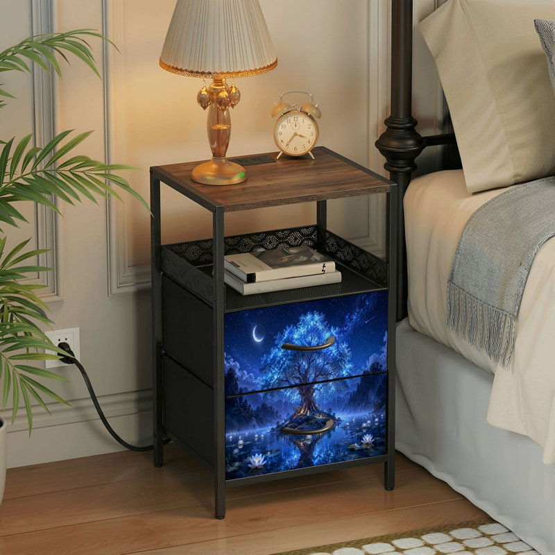 Table de chevet 2 tiroirs avec station de charge, table de chevet pour chambre avec ports USB et amp; Table de chevet noire Outlet