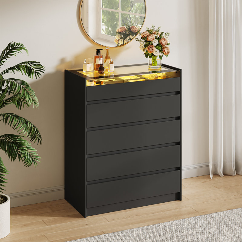 Commode haute noire 5 tiroirs avec lumières DEL et commode en verre, Noir