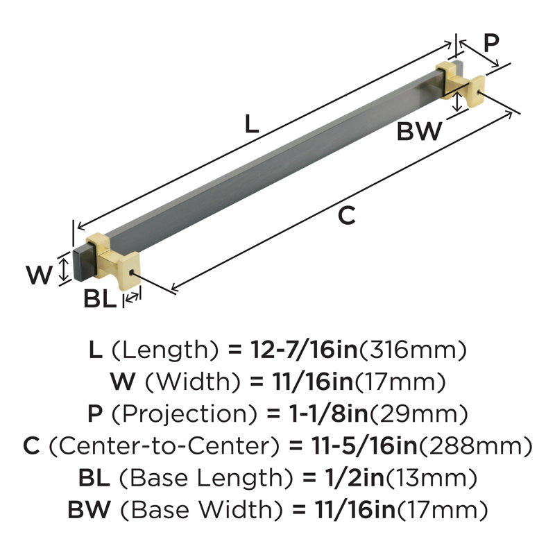 Overton 11.31'' Black Chrome and Brushed Gold Cabinet Pull