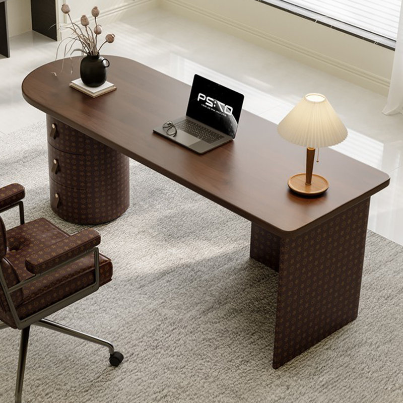 Bureau en bois manufacturé demi-cercle noisette + brun avec 3 tiroirs, H 29,53 po x l 62,99 po x P 27,56 po, Retour à gauche
