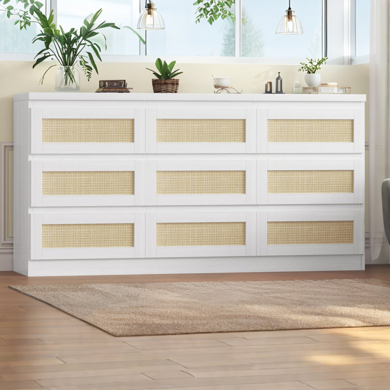  Commode 9 tiroirs avec station de charge, commode large pour chambre à coucher ou salon, Blanc